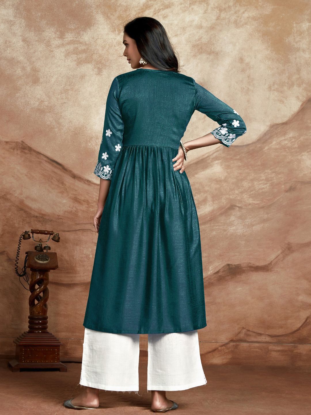 KALINI Floral Embroidered V-Neck Thread Work Silk High Slit Kurta