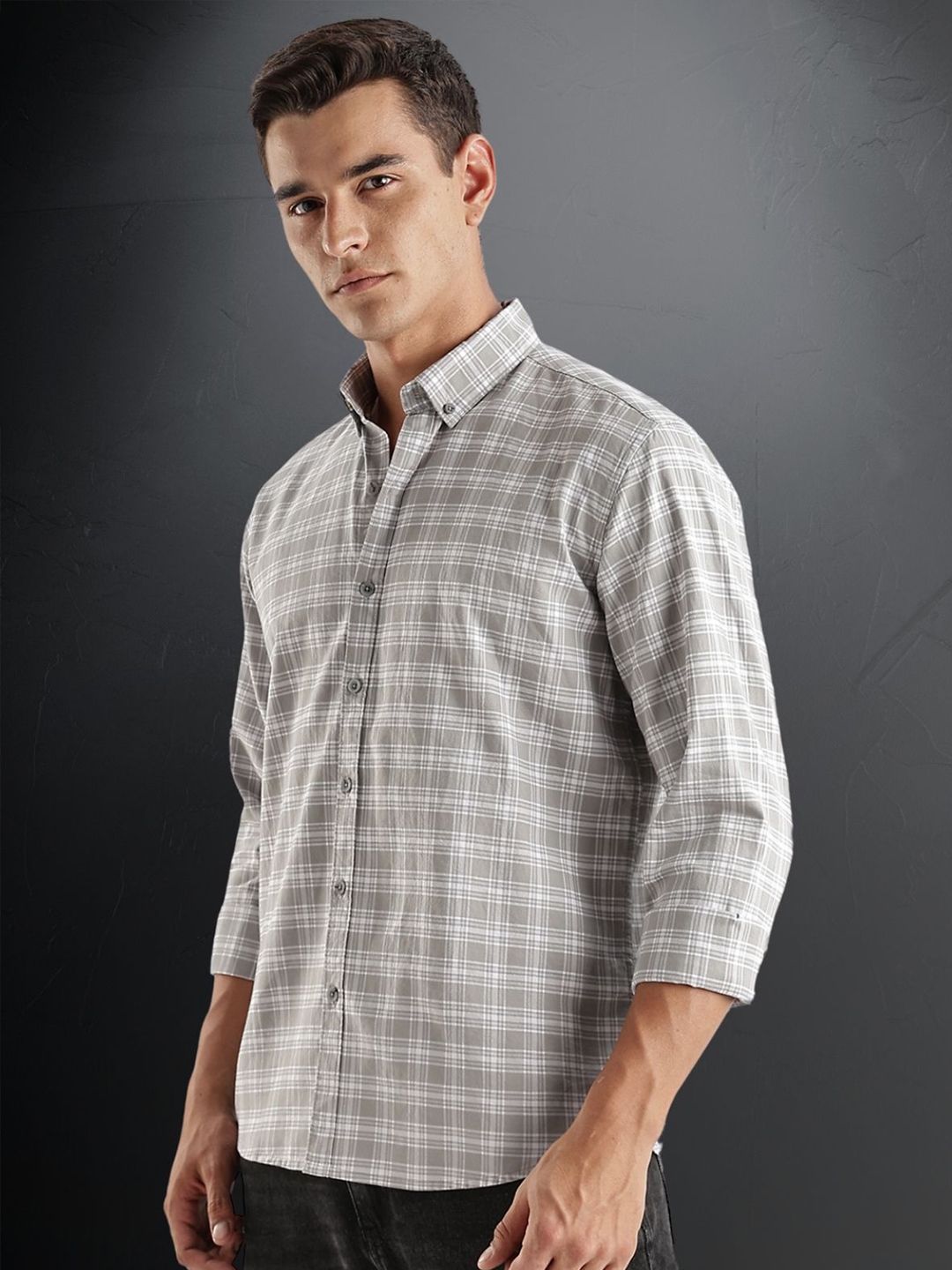 ADRO Tartan Checked Spread Collar Long Sleeves Cotton Casual Shirt