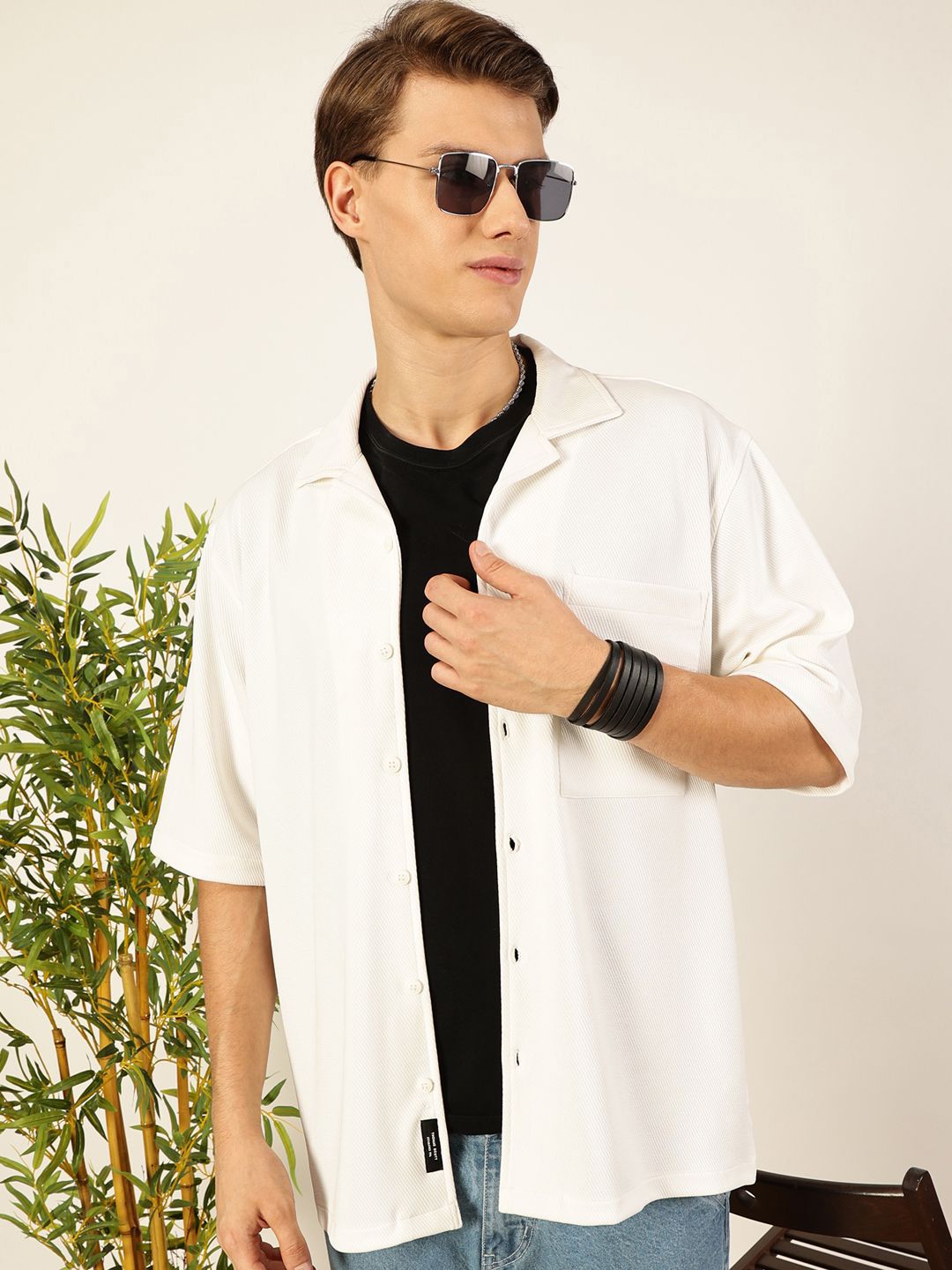 Thomas Scott Men Premium Cuban Collar Textured Casual Shirt