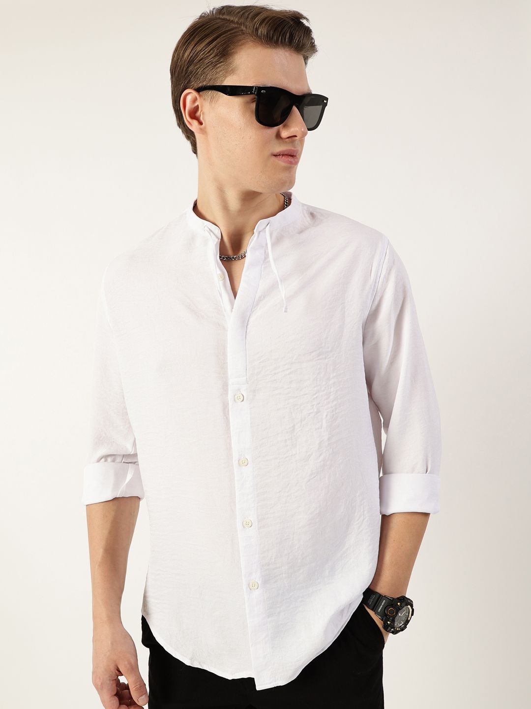 Thomas Scott Men Classic Mandarin Collar Solid Slim Fit Casual Shirt