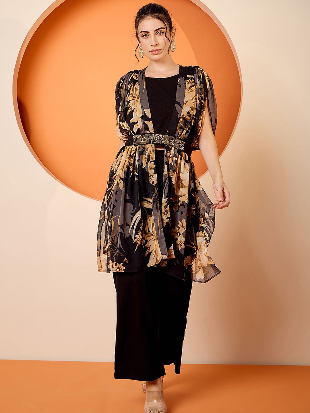 Antheaa Black Floral Embellished Round Neck Top With Trousers