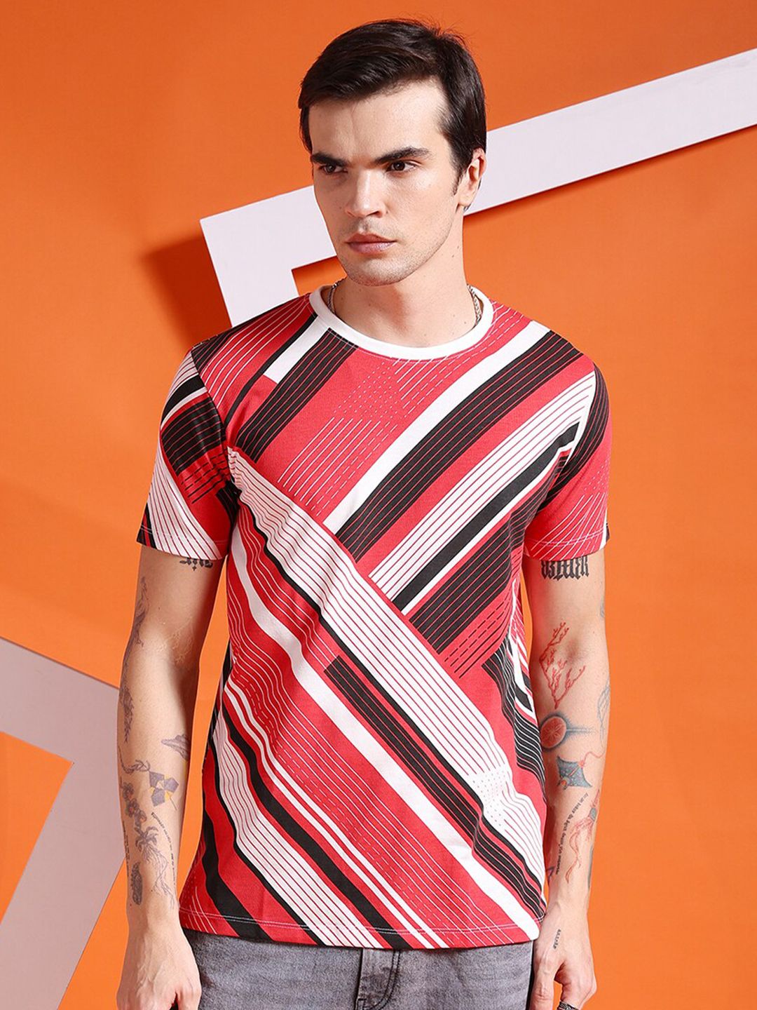 The Indian Garage Co Striped Round Neck T-Shirt
