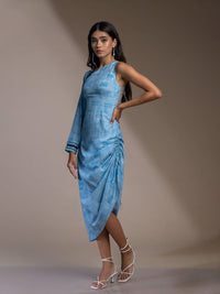 Mamicha Print Satu Bahu Pakaian Midi Fit & Flare Crepe