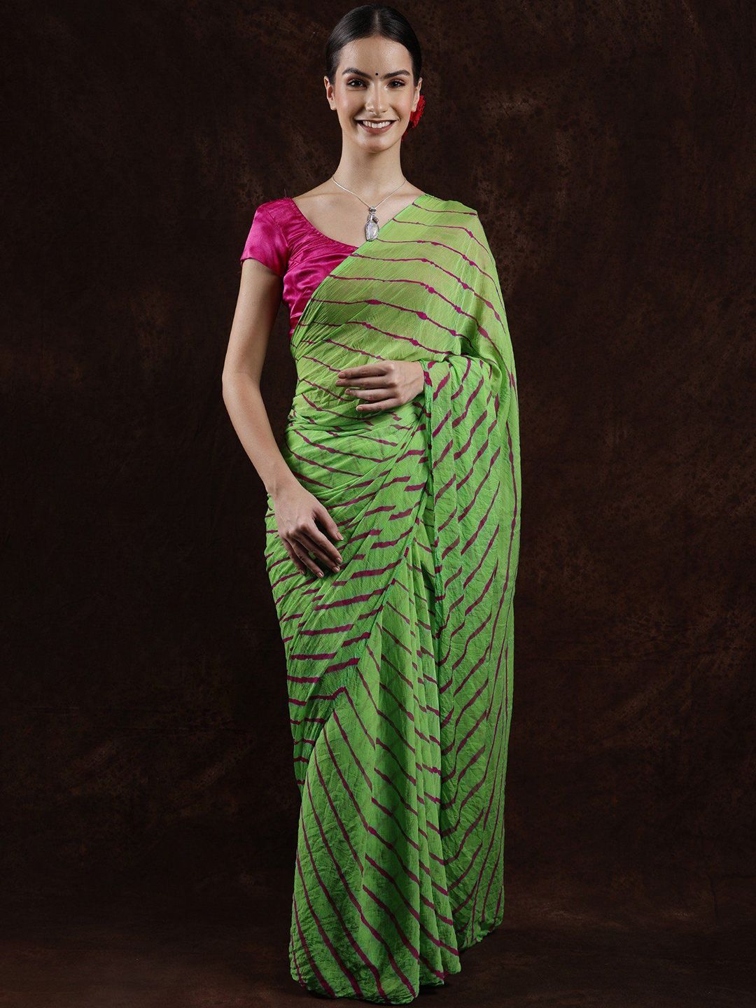 Exotic India Summer Green Leharia Tie-Dye Chiffon Saree