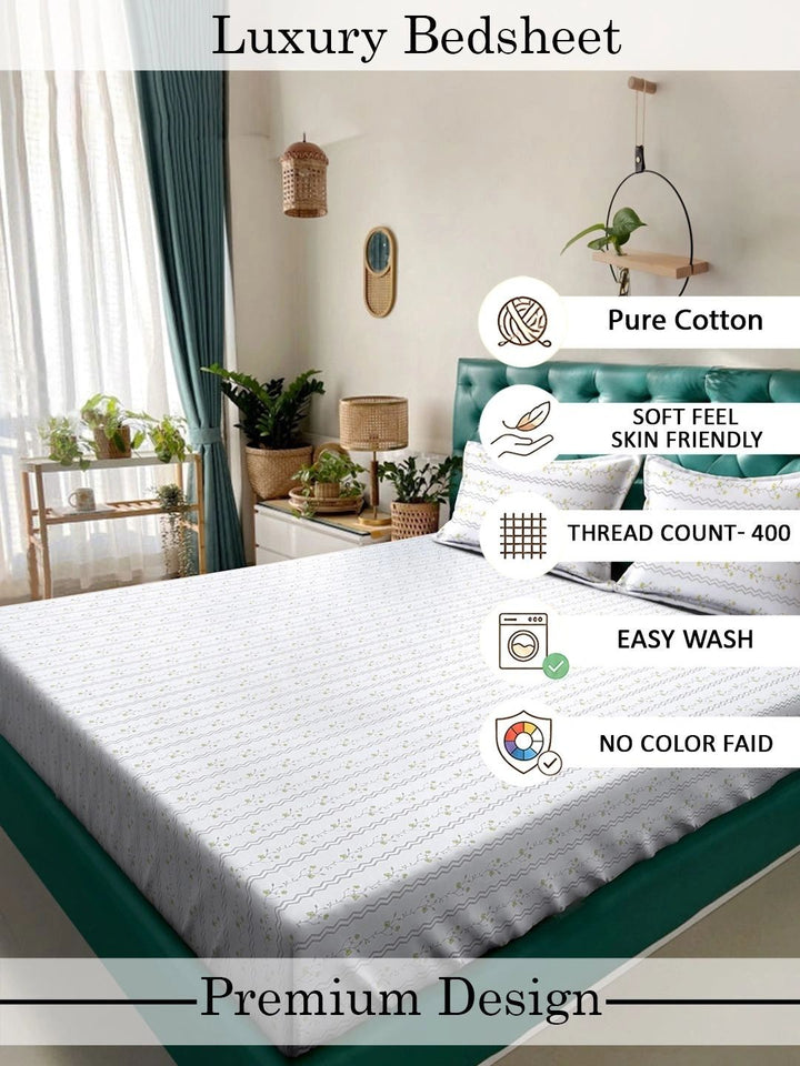Myntra Elegant Homes White & Green Floral 400 TC Bedsheet with 2 Pillow Covers