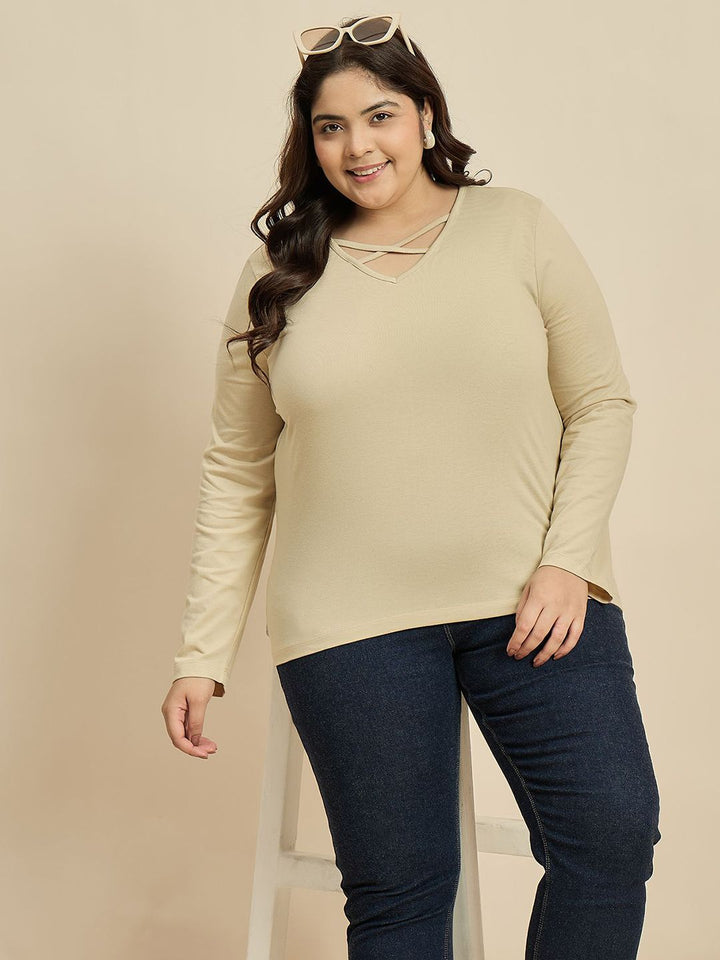 CURVY STREET Women Solid V-Neck Cotton Plus Size T-shirt