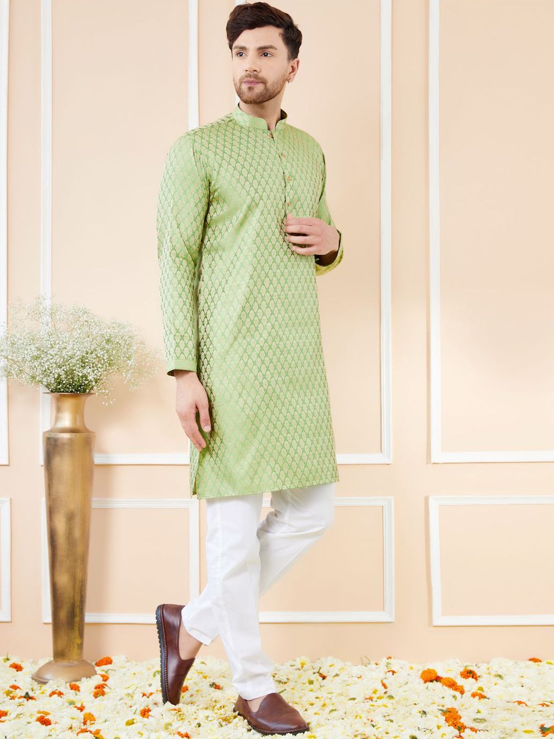 See Designs Ethnic Motifs Woven Design Mandarin Collar Pure Silk Straight Kurta