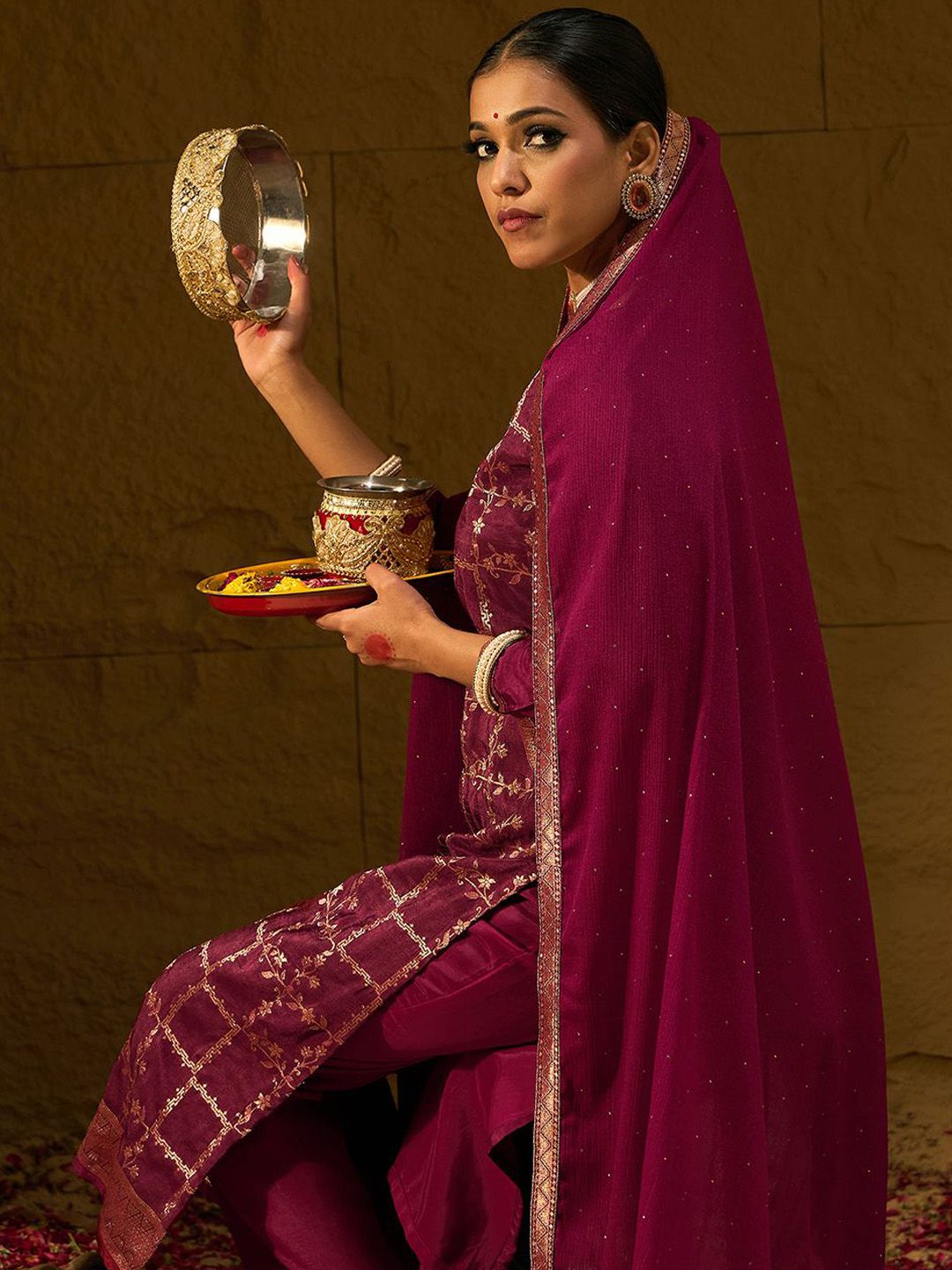 Indo Era Floral Embroidered Jacquard Straight Kurta With Trousers & Dupatta