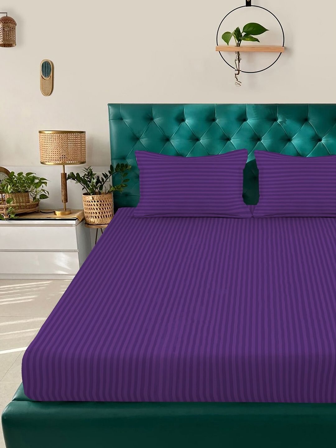KLOTTHE Purple Striped 300 TC King Bedsheet with 2 Pillow Covers