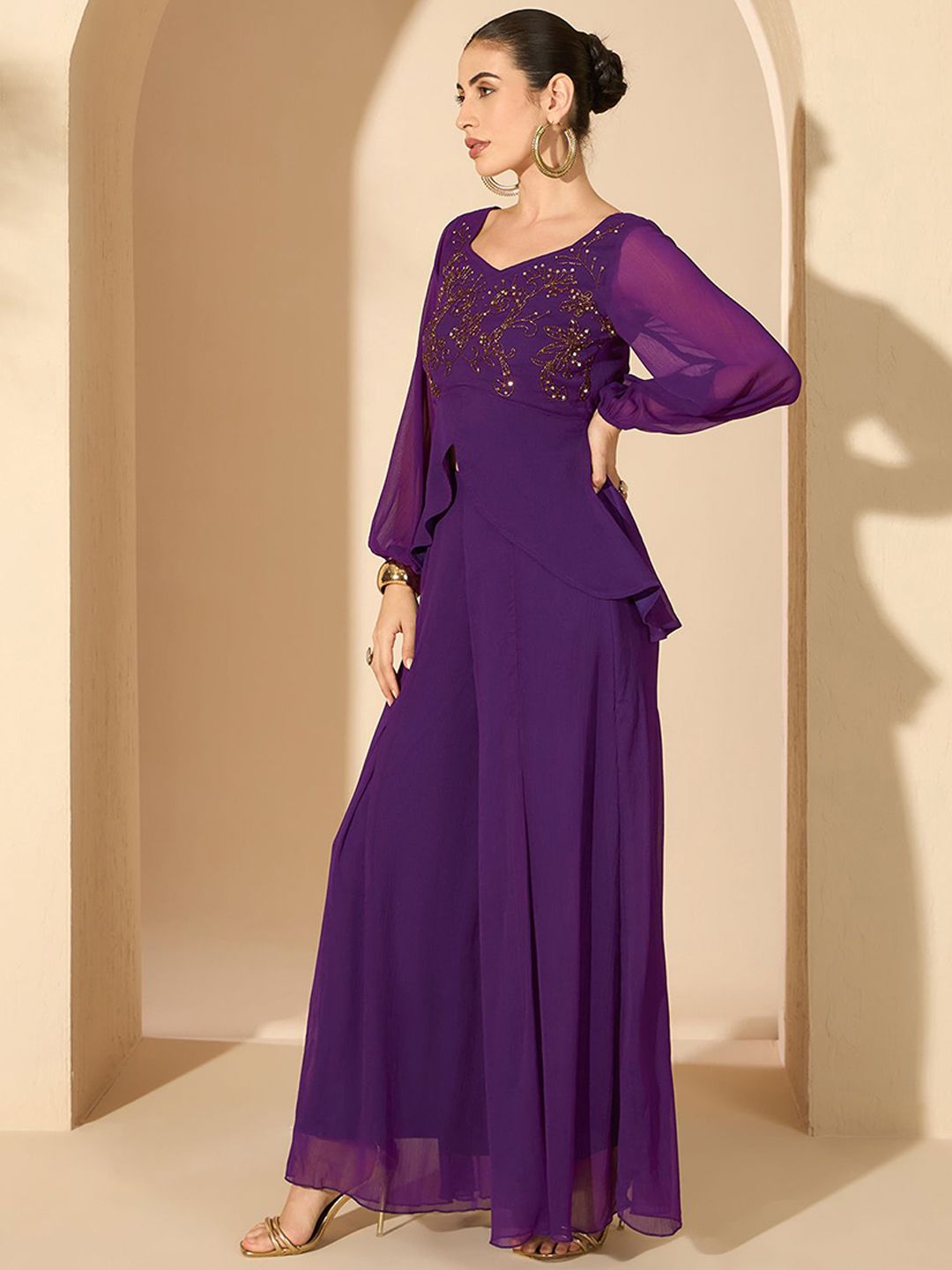 Antheaa Purple Embellished V-Neck Top & Palazzo