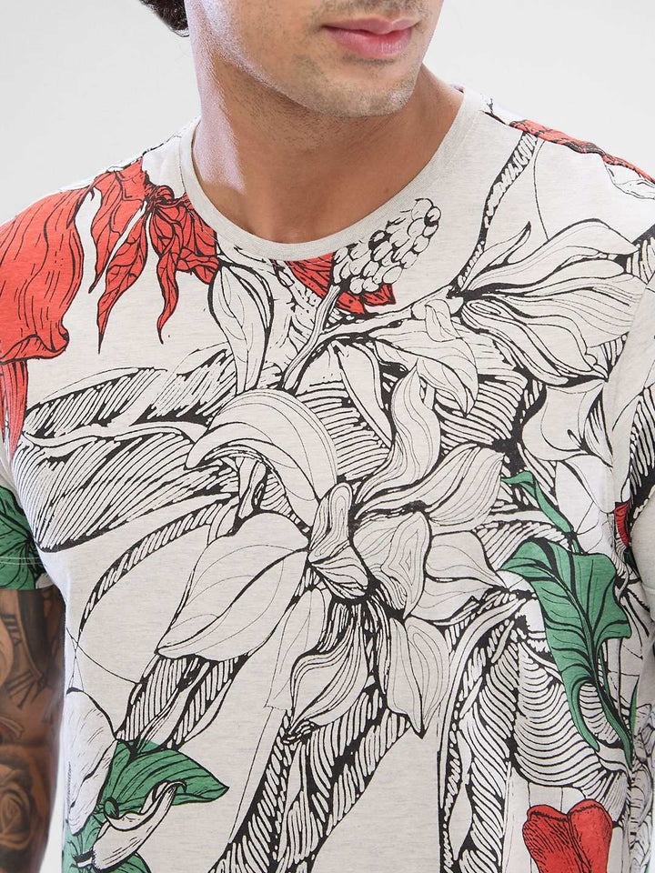 SPYKAR Men Floral Printed Round Neck Cotton T-shirt