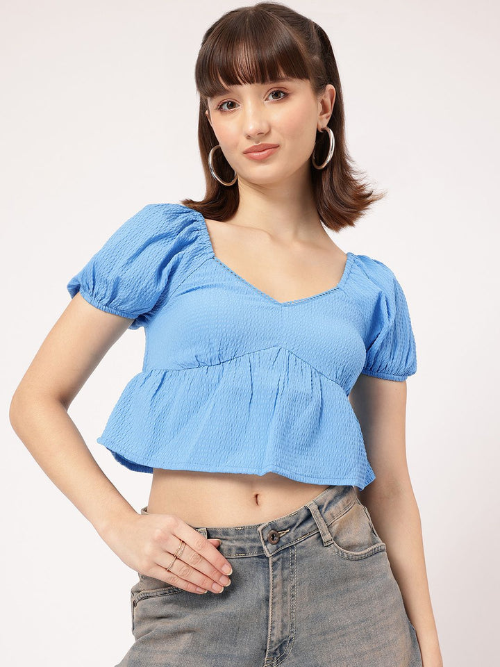 DressBerry Dollface Chic Seersucker Sweetheart Neck Empire Crop Top