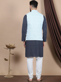 Motif Etnik Kelabu Anouk Bersulam Kapas Tulen Kurta Lurus & Jaket Churidar & Nehru