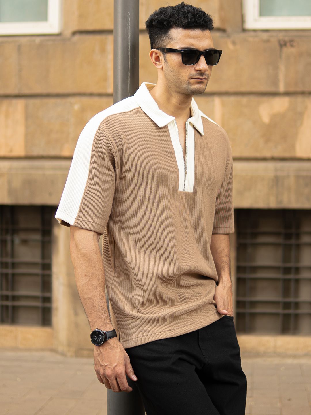 Powerlook Men Polo Collar Drop-Shoulder Sleeves Oversized T-shirt