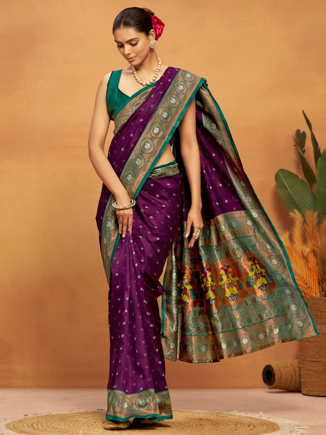 Kalini Silk Blend Woven Paithani Saree with Blouse Piece