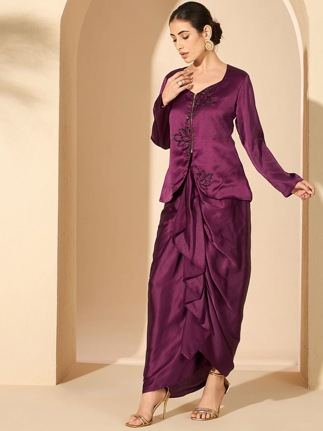 Antheaa 100% Satin Embellished Square Neck Top with Skirt