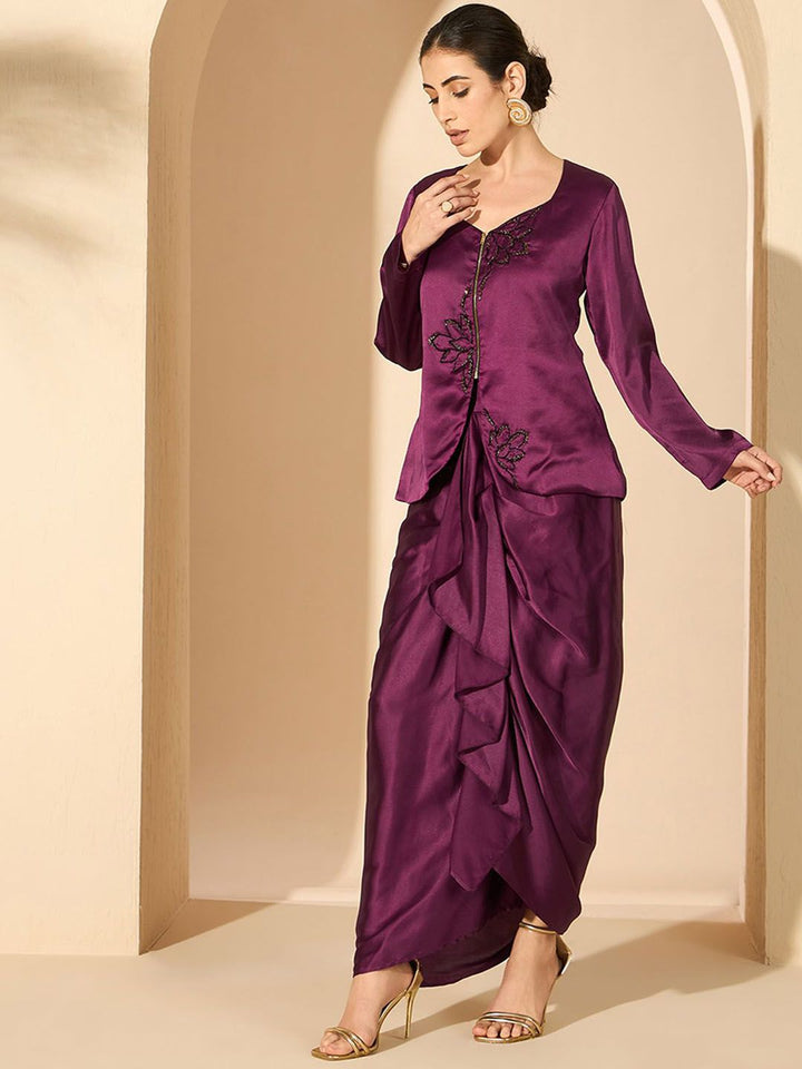 Antheaa 100% Satin Embellished Square Neck Top with Skirt