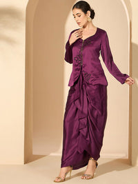 Antheaa 100% Satin Embellished Square Neck Top with Skirt