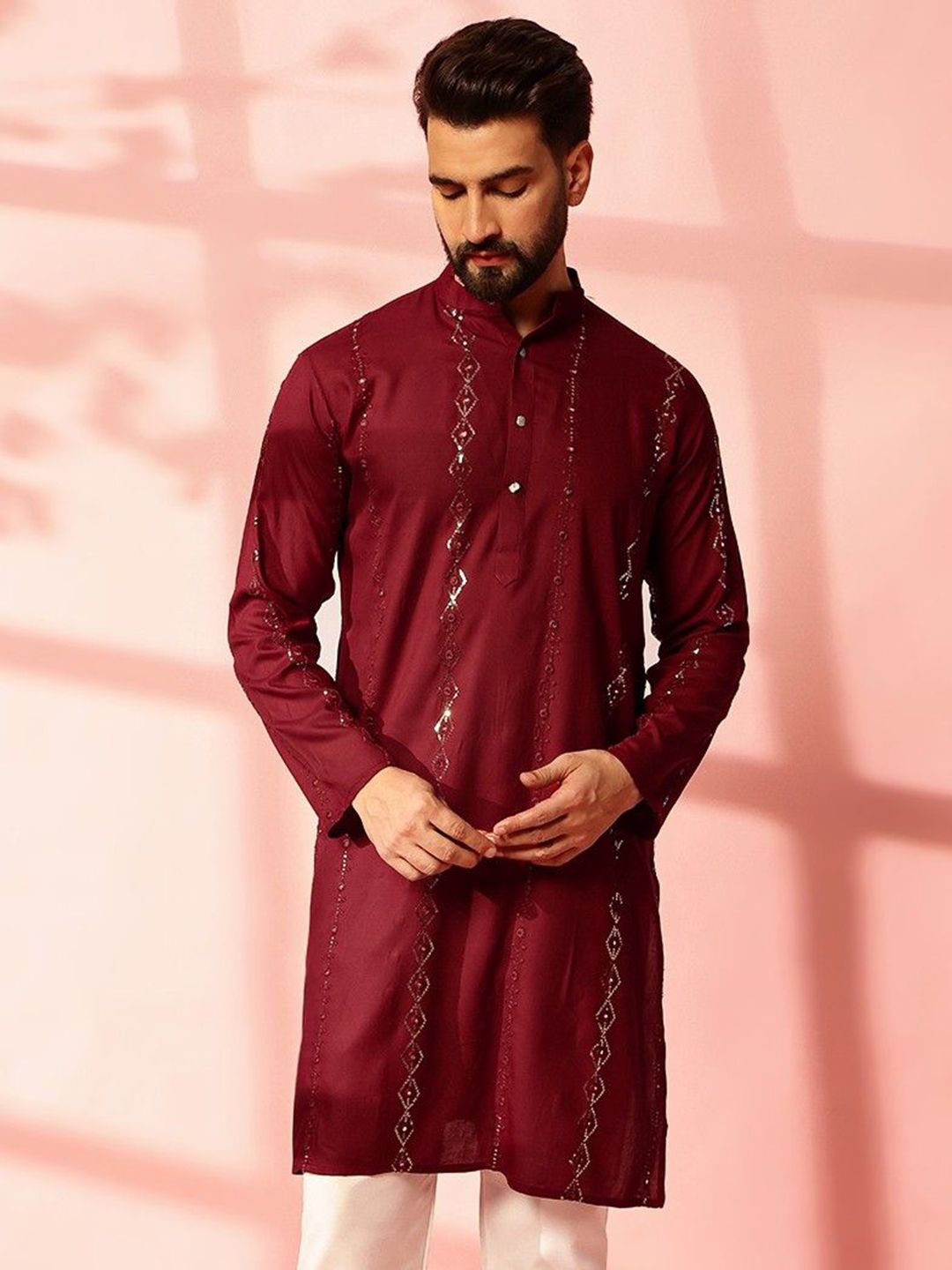 Anouk Striped Embroidered Mandarin Collar Sequinned Cotton Straight Kurta