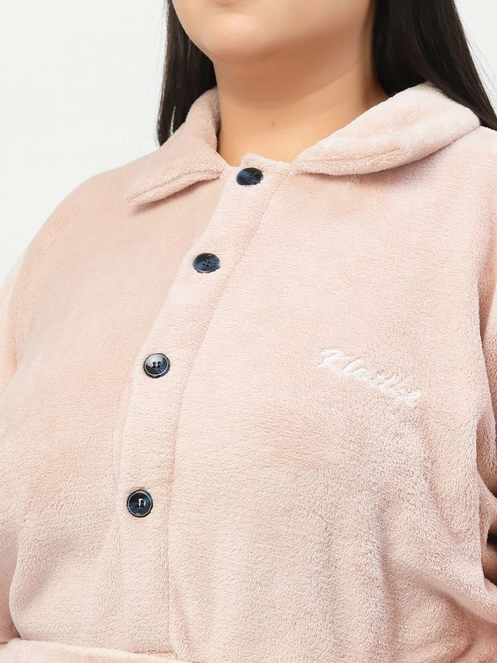 KLOTTHE Plus Size Pink Woollen Long Sleeves Bath Robe With Belt