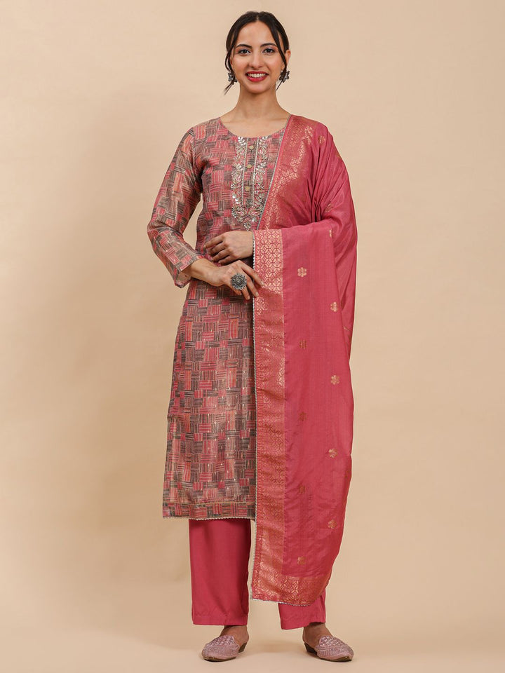 Mamicha Women Self Design Round Neck Kurti With Trousers And Dupatta