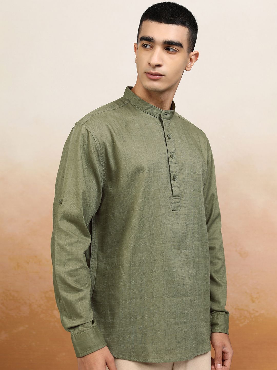 HIGHLANDER Men Olive Dobby Textured Solid Mandarin Collar Roll Up Sleeve Relaxed Shirt