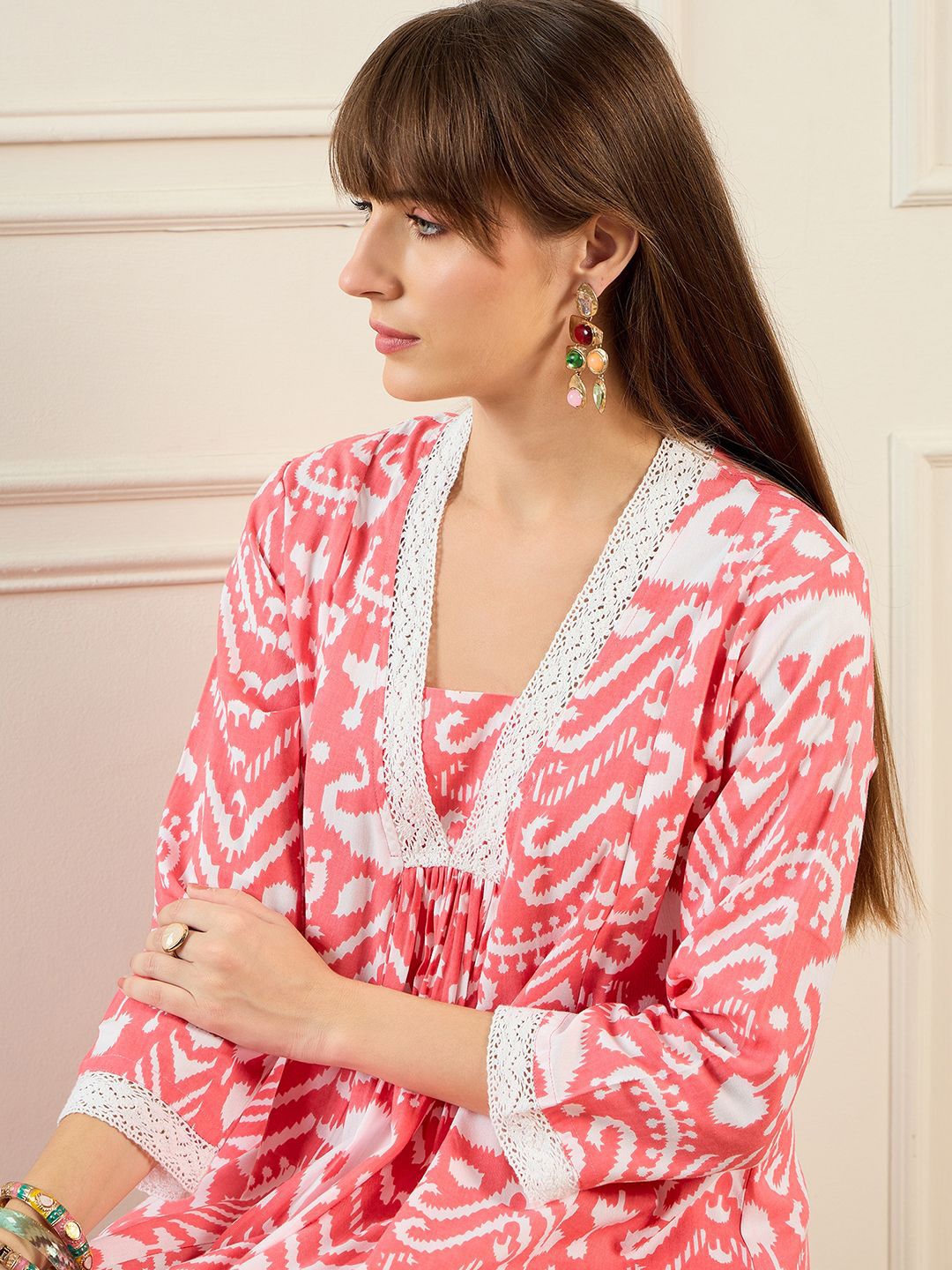 Indo Era Abstract Printed Pleated A-Line Kurta