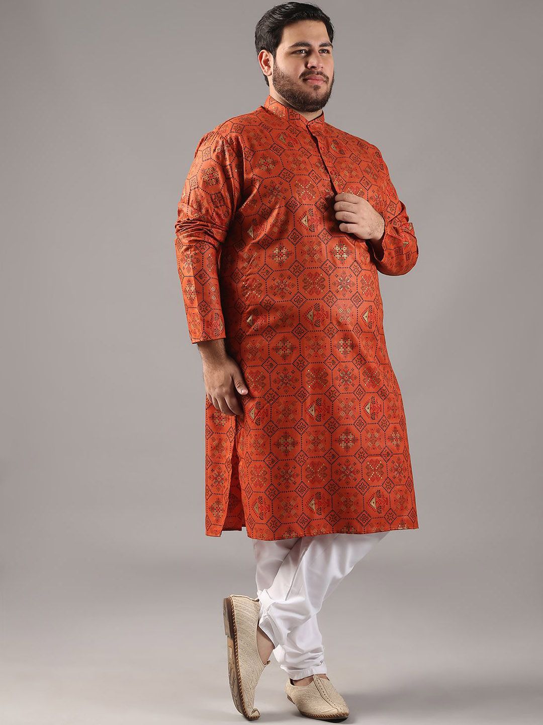 SOJANYA PLUS Plus Size Lelaki Motif Etnik Bercetak Kolar Jalur Kurta Lurus Dengan Piyama