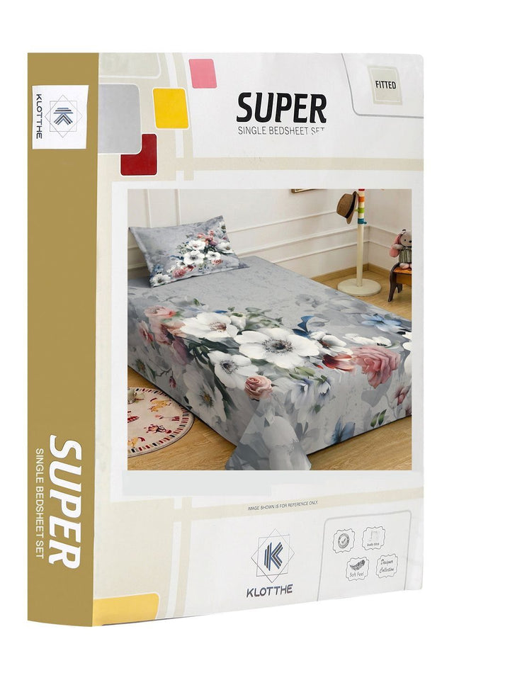KLOTTHE Grey Floral Fitted 400 TC Single 7D Bedsheet with 1 Pillow Covers