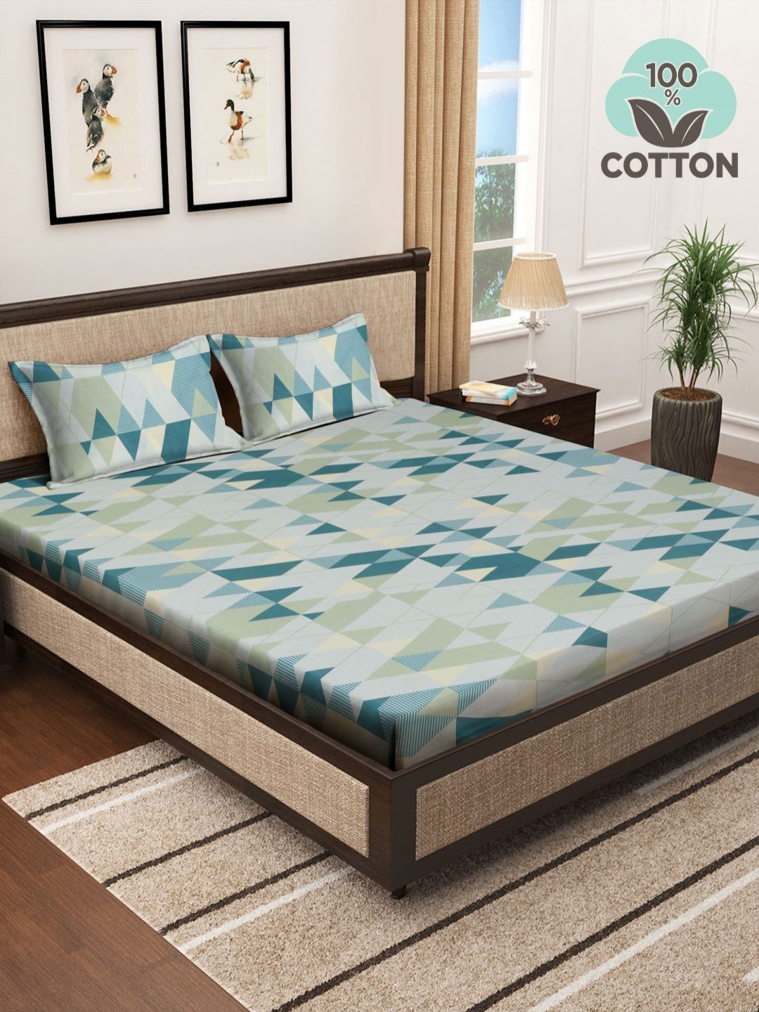 Myntra Elegant Homes Green Geometric Pure Cotton 400 TC King Bedsheet & 2 Pillow Covers