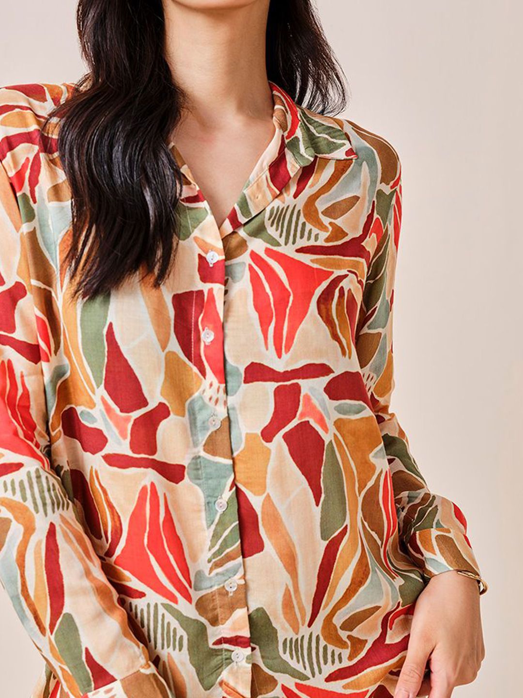 AND Print Tie-Up Neck Shirt Style Top