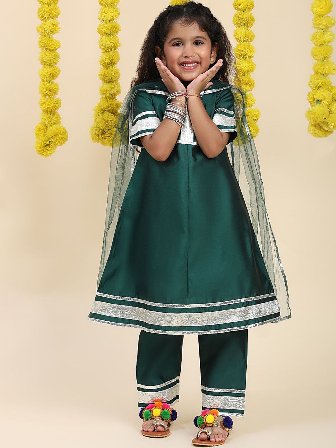 Cutiekins Girls A-Line Gotta Patti Silk Kurta with Trousers & Dupatta