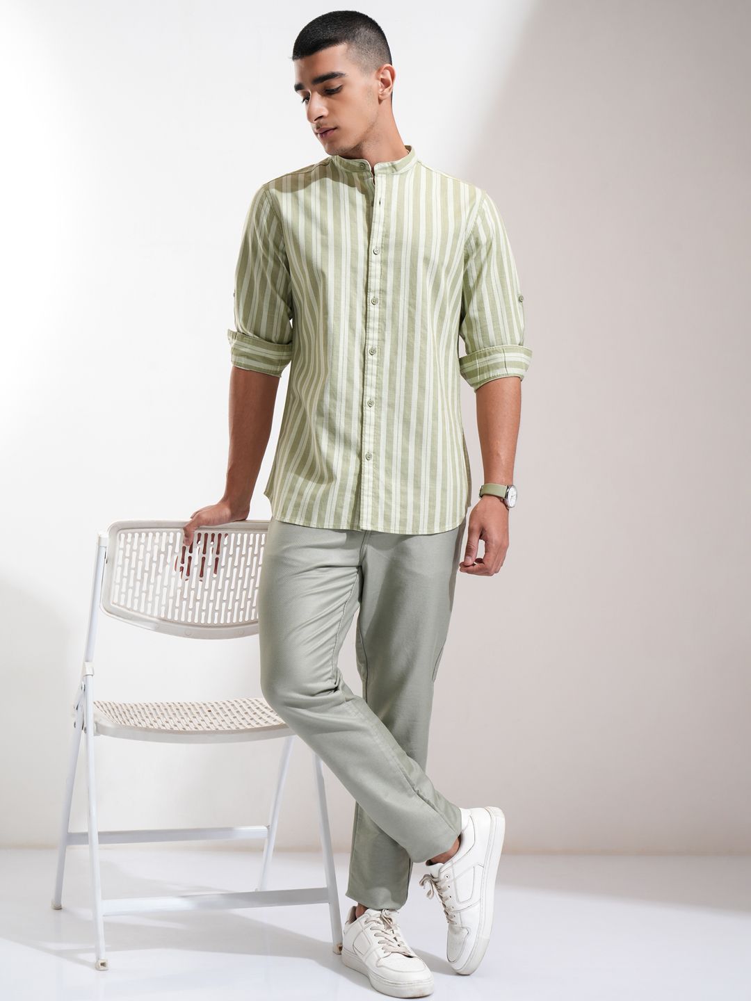 Highlander Men Cotton Linen Printed Striped Mandarin Collar Roll Up Sleeve Casual Shirt
