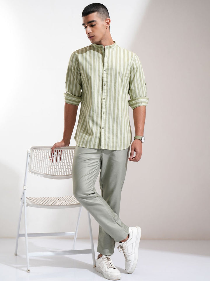 Highlander Men Cotton Linen Printed Striped Mandarin Collar Roll Up Sleeve Casual Shirt