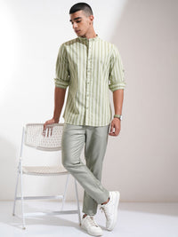 Highlander Men Cotton Linen Printed Striped Mandarin Collar Roll Up Sleeve Casual Shirt