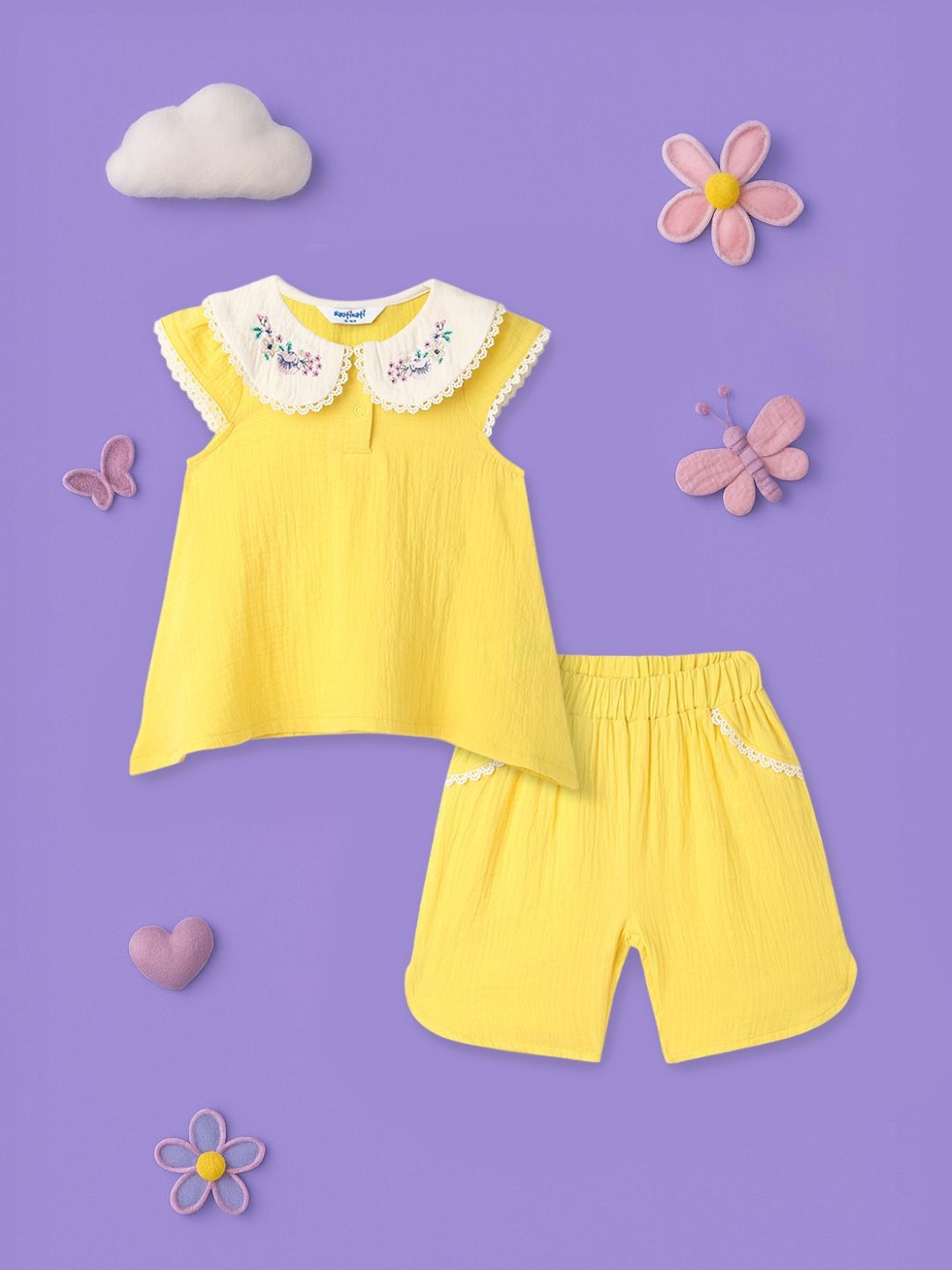 Nauti Nati Girls Girls Embroidery Detail Peter Pan Collar Cotton Top and Shorts Set