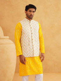 SOJANYA Leheriya Sequinned Band Collar Pure Cotton Kurta With Churidar And Nehru Jacket
