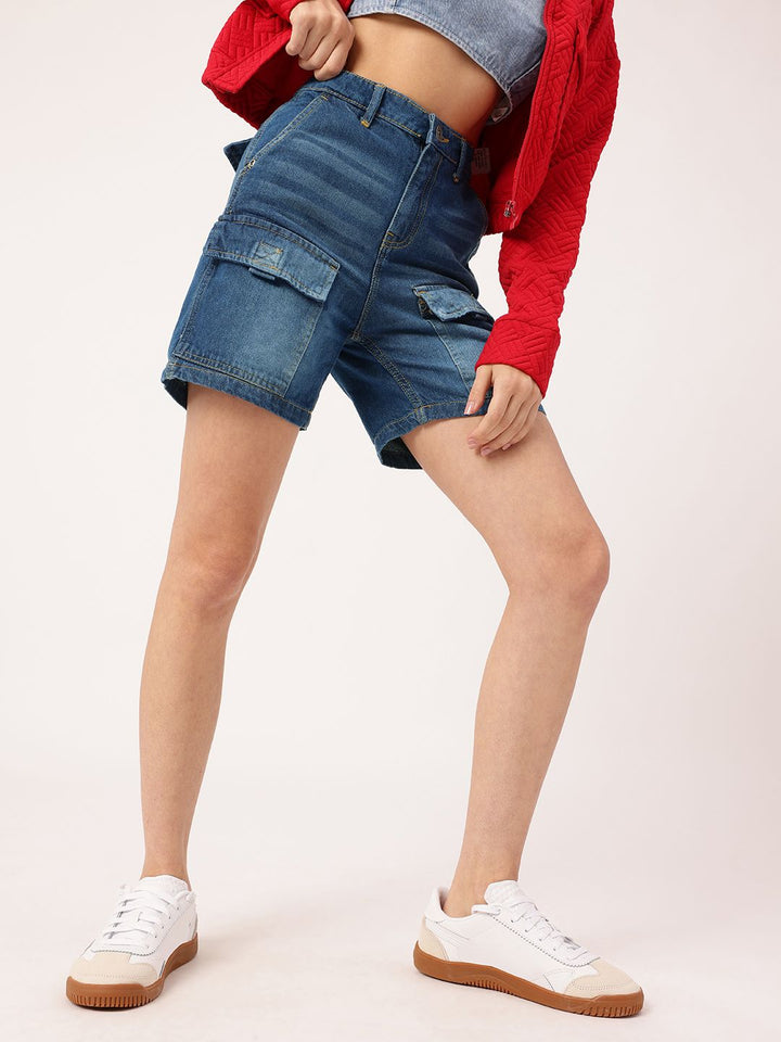 DressBerry Women Urban Edge Bermuda Fit Faded Denim Cargo Shorts
