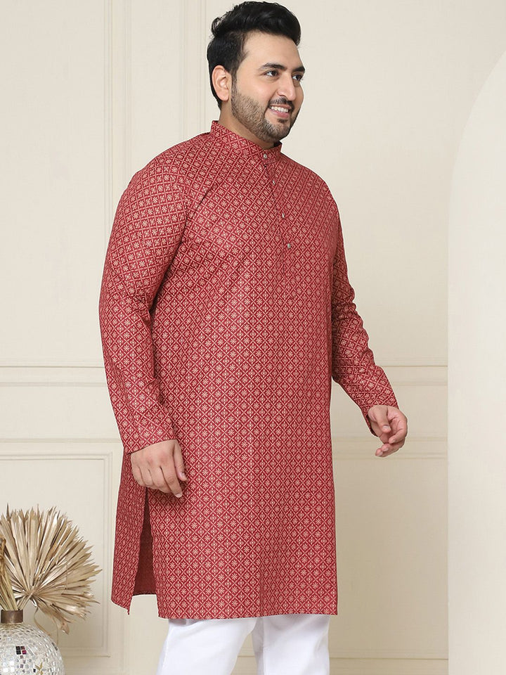 SOJANYA Plus Motif Etnik Printed Mandarin Collar Lengan Panjang Cotton Linen Kurta Lurus