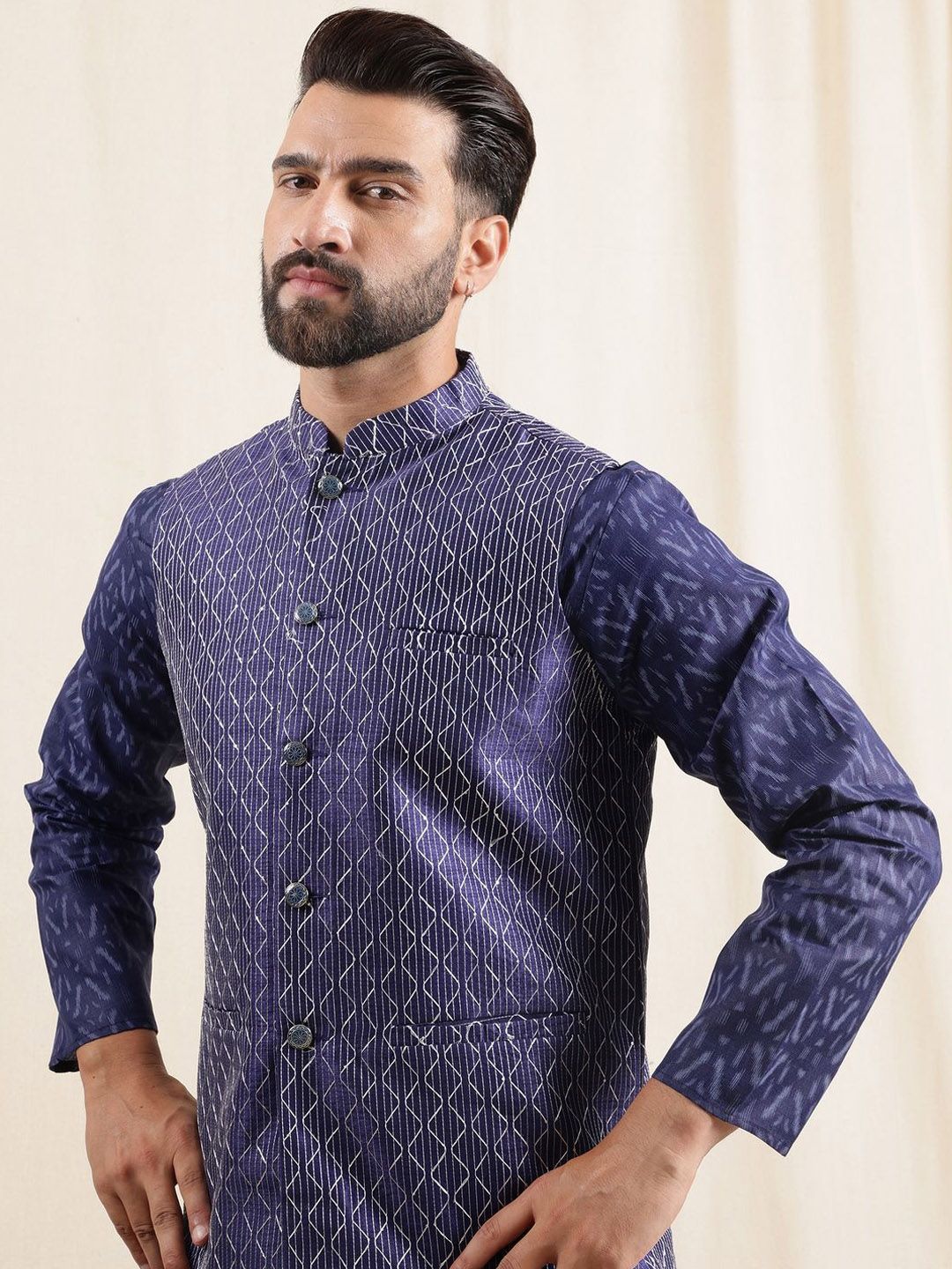 Anouk Geometric Printed Band Collar Straight Kurta With Pyjama And Nehru jacket