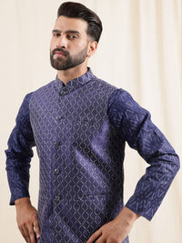 Anouk Geometric Printed Band Collar Straight Kurta With Pyjama And Nehru jacket