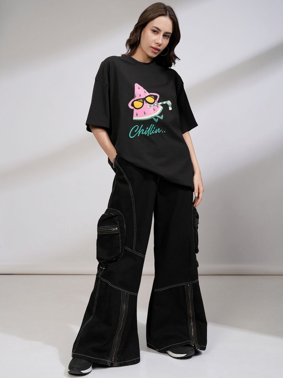 Tokyo Talkies Women Solid Oversize Fit Chest and Back Print T-Shirt