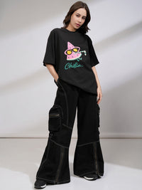 Tokyo Talkies Women Solid Oversize Fit Chest and Back Print T-Shirt