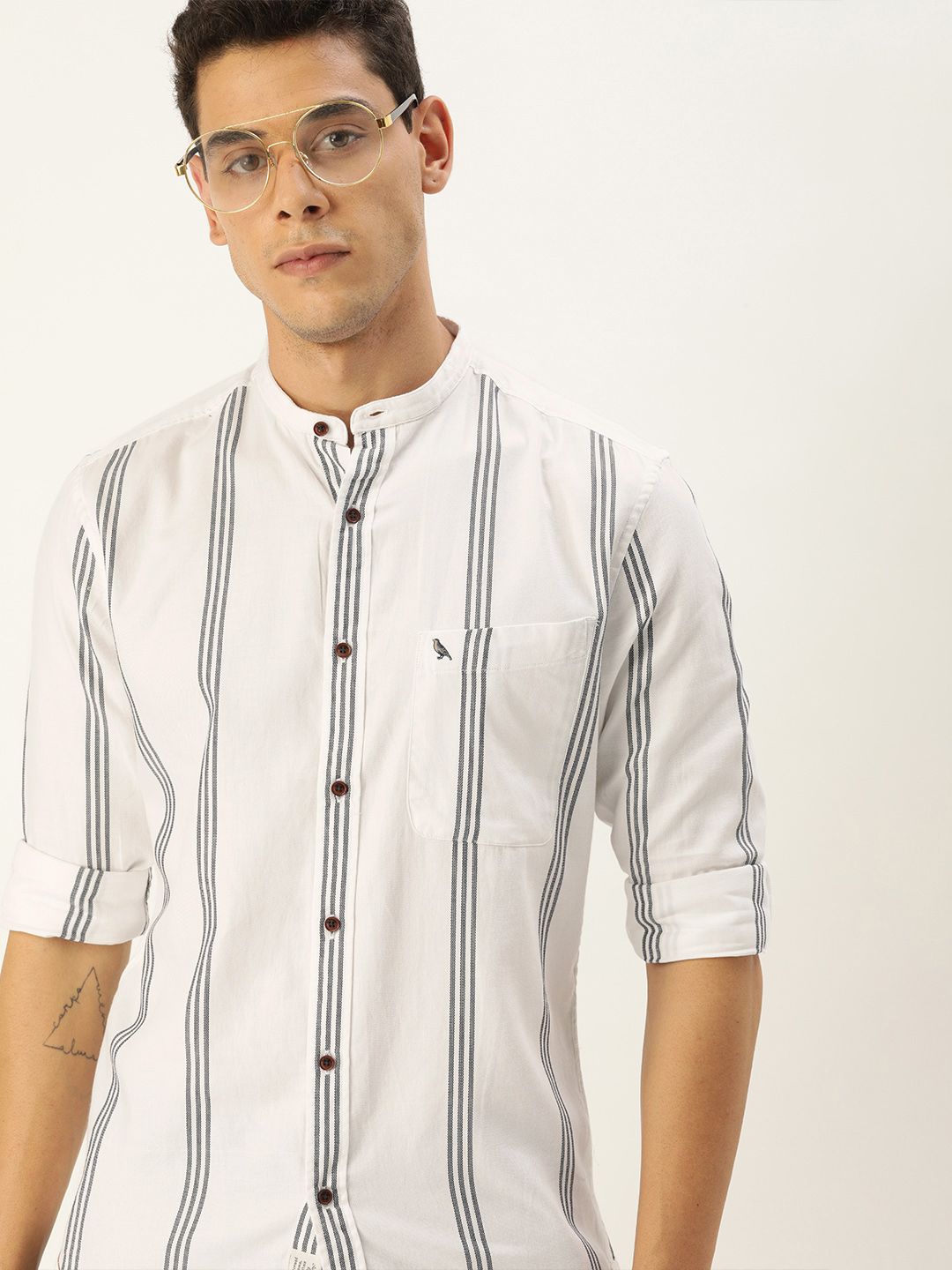 Mr Bowerbird Men White Tailored Fit Striped Casual Shirt