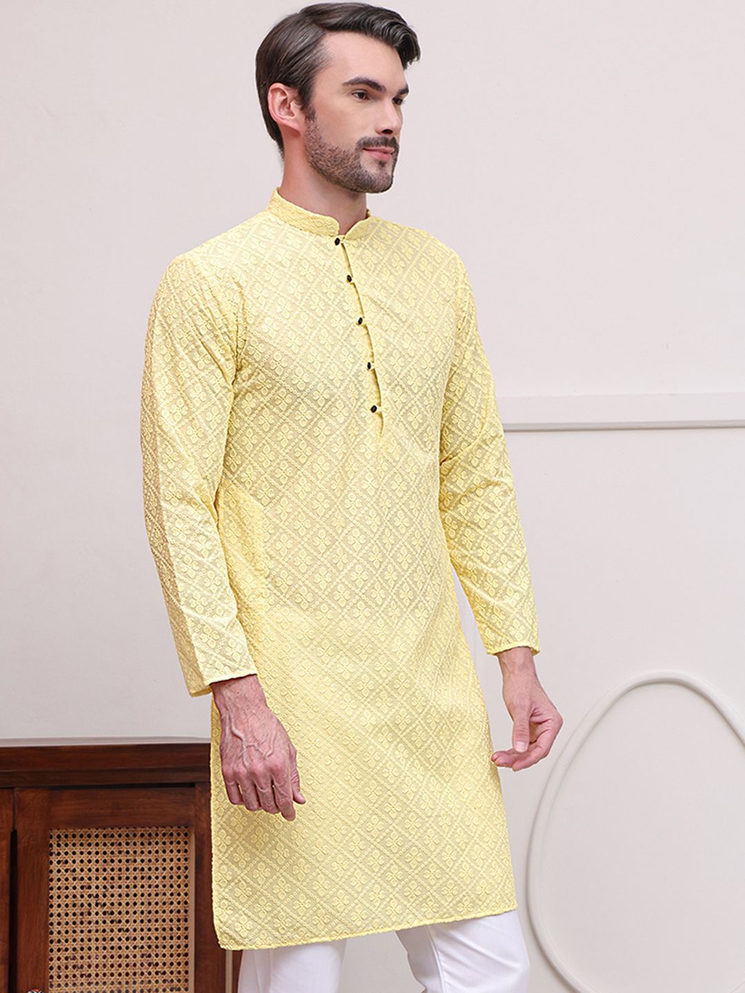 Jompers Floral Embroidered Mandarin Collar Chikankari Pure Cotton Straight Kurta