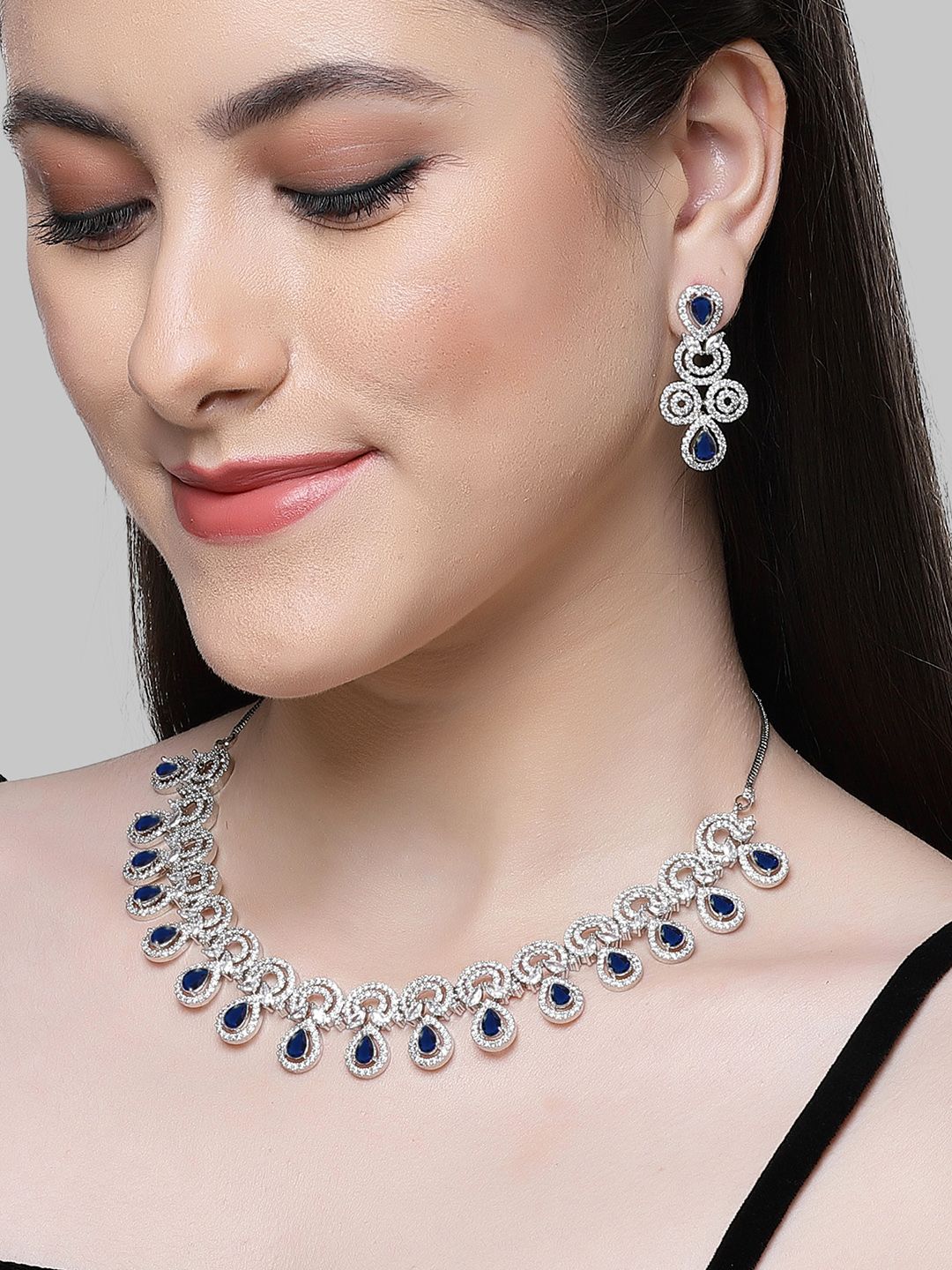 KARATCART Silver-Plated CZ-Studded Beaded Jewellery Set