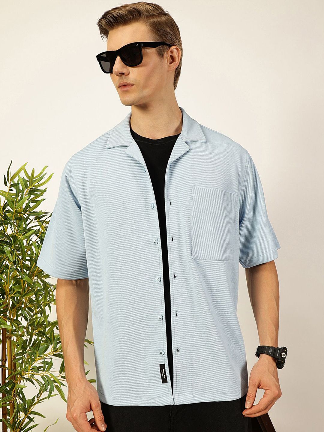 Thomas Scott Men Premium Cuban Collar Textured Cotton Oversized Casual Shirt