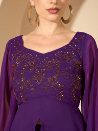 Antheaa Purple Embellished V-Neck Top & Palazzo
