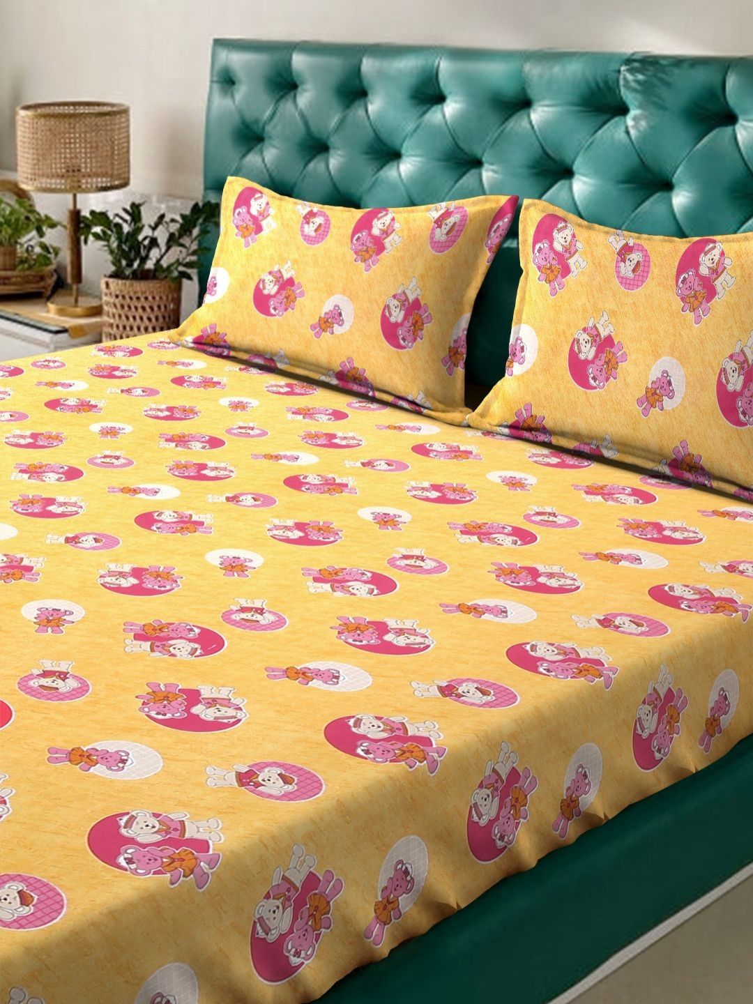 Myntra Elegant Homes Yellow Printed Cotton 400 TC Fitted Single Bedsheet Set-2.5mX2.25m