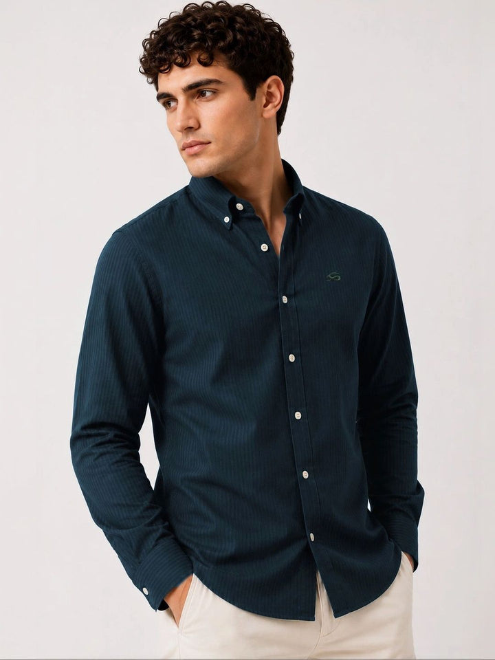 ADRO Men Teal Blue Striped Regular Fit Casual Cotton Shirt